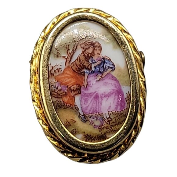 Limoges France Porcelain Brooch Antique Sisters Enamel Design Gold Tone Frame - Picture 2 of 8